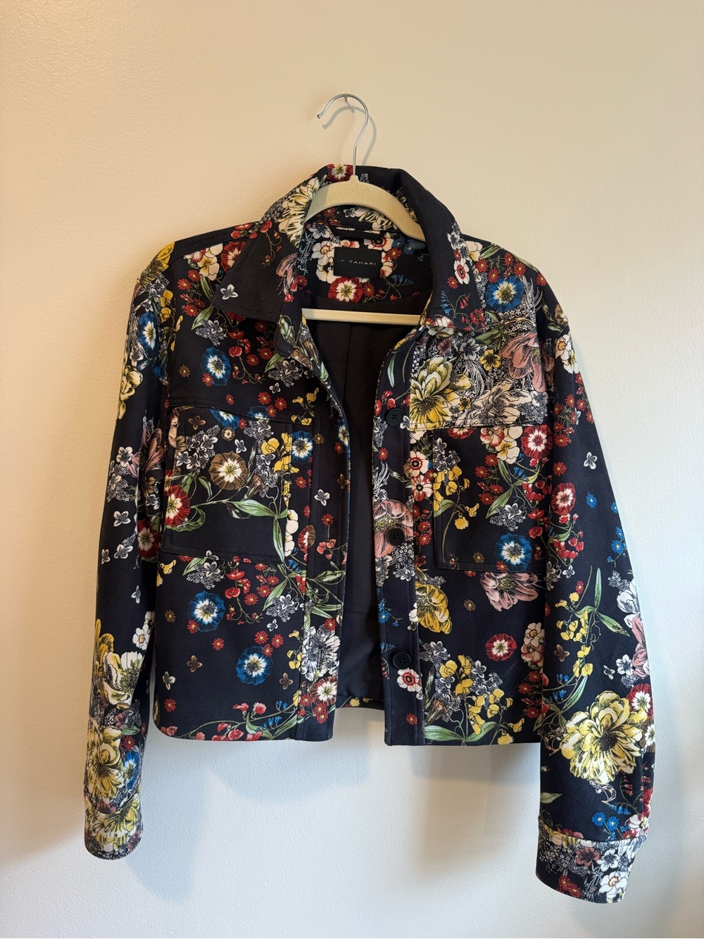 Tahari Black Floral Print Jacket